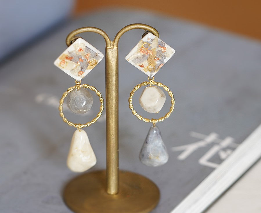 Elegant Marble handmade resin pressed multi flower stud/ clip-ons earrings, resin dried/ real flower jewelry with Hypoallergenic S925 Sterling Silver