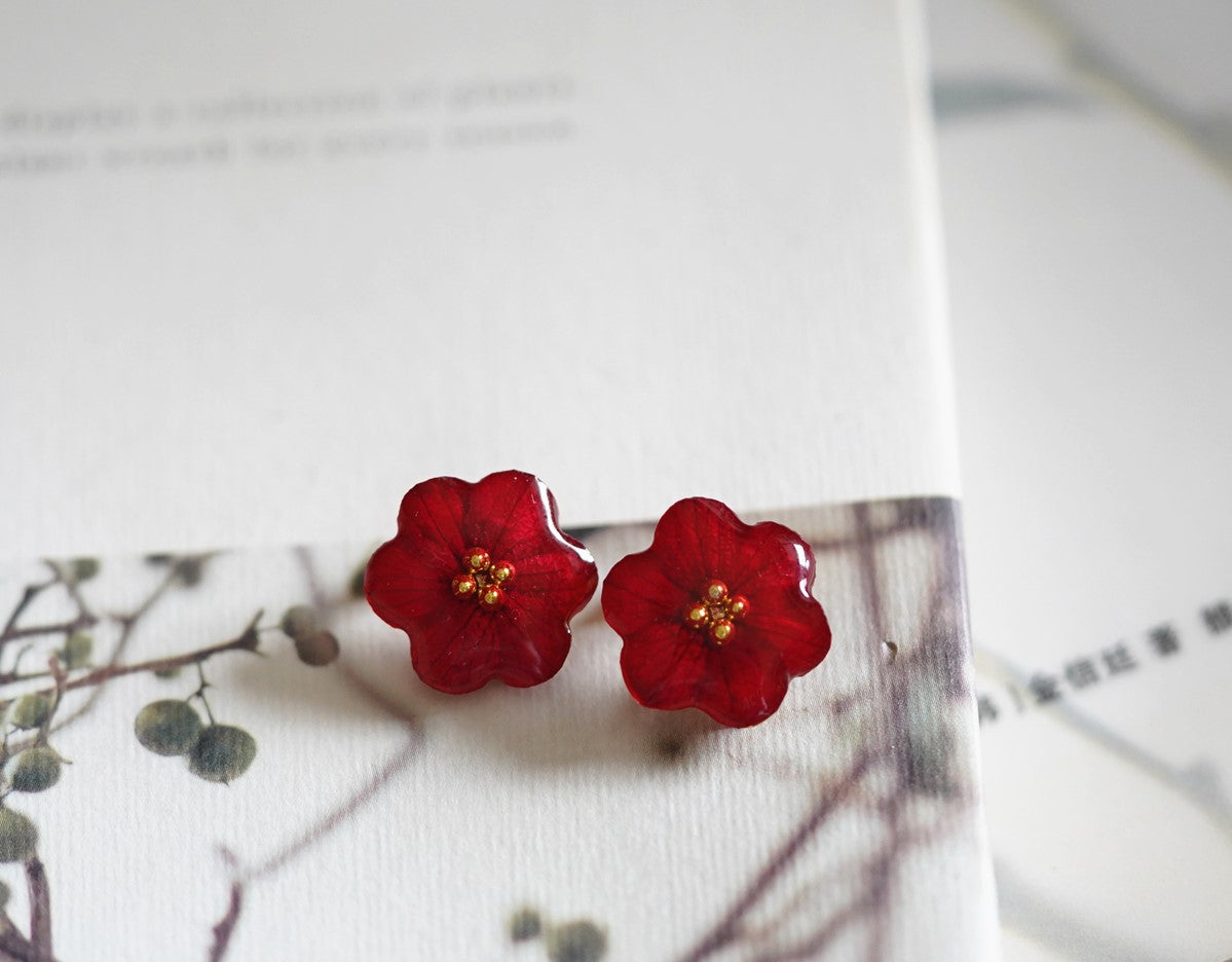 Red Rose handmade resin pressed multi flower stud/ clip-ons earrings, resin dried/ real flower jewelry with Hypoallergenic S925 Sterling Silver