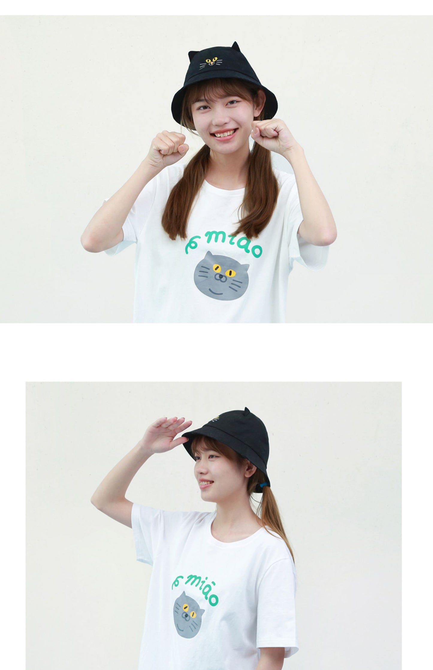 Cute Fashionable Kitty Cat Face Bucket Hat Unisex (Black/ White)
