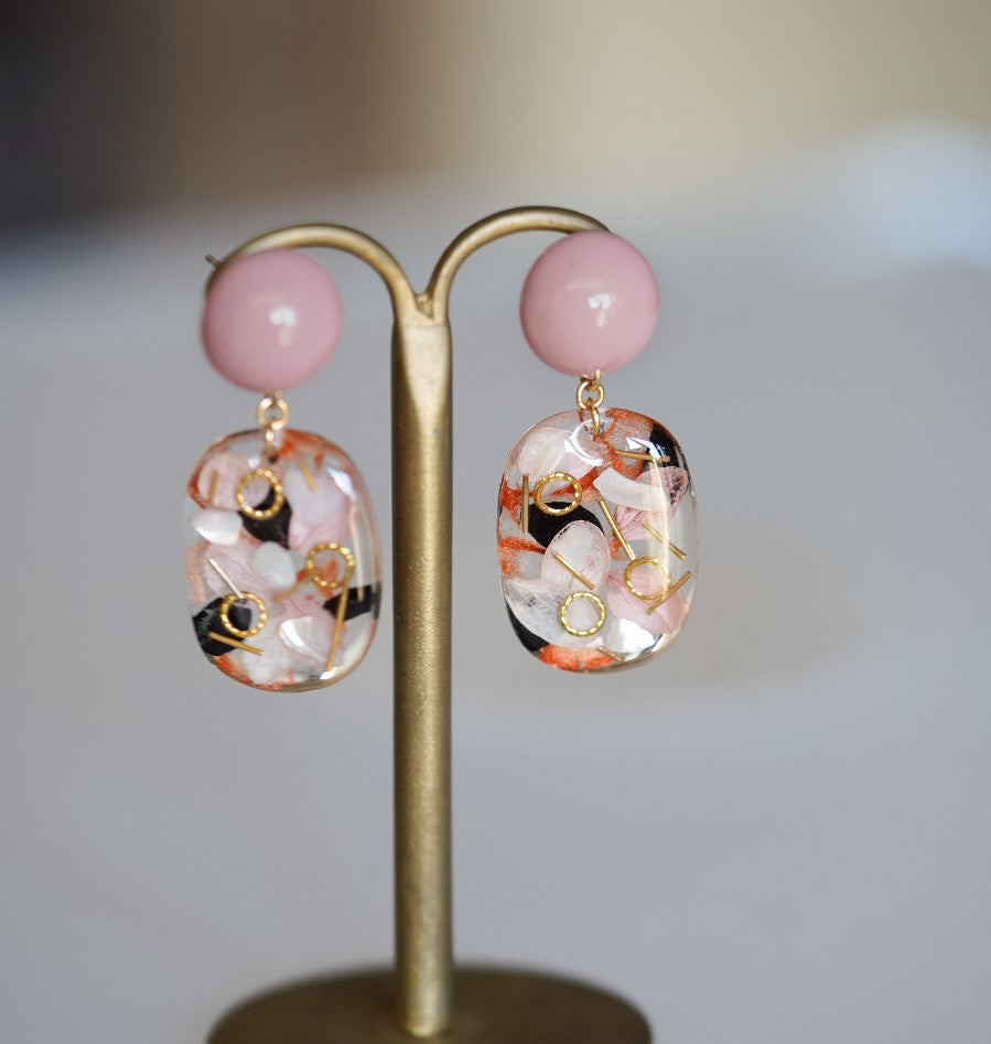 Vintage Pink handmade resin pressed multi flower dangle/ clip-ons earrings, resin dried/ real flower jewelry with Hypoallergenic S925 Sterling Silver