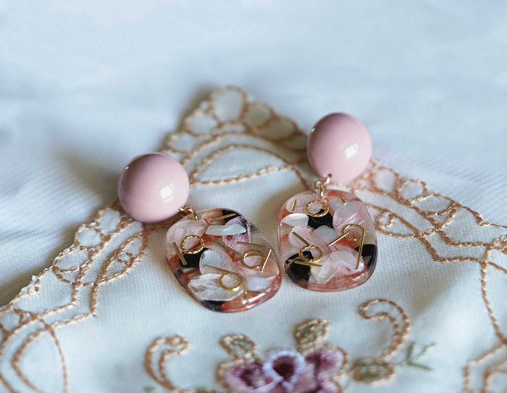 Vintage Pink handmade resin pressed multi flower dangle/ clip-ons earrings, resin dried/ real flower jewelry with Hypoallergenic S925 Sterling Silver