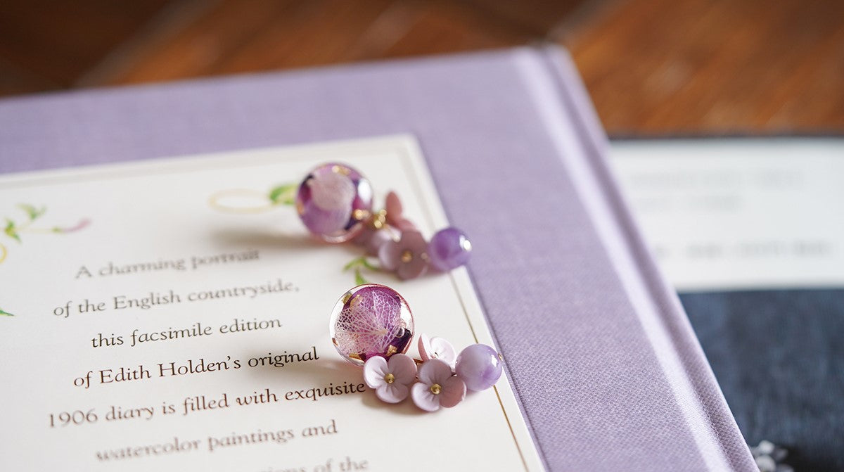 Lilac Handmade Flower Dangle Earrings with Natural Stone