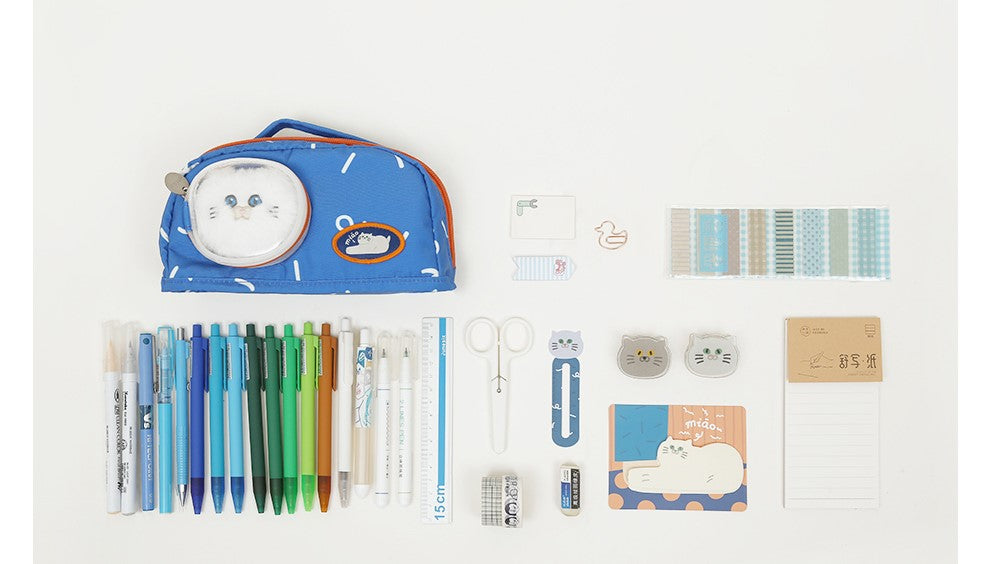 Cute Blue Cat Pencil Stationary Case/ Bag with Fluffy Cat Accessory for school/ kids/ girls, suitable for school or casual