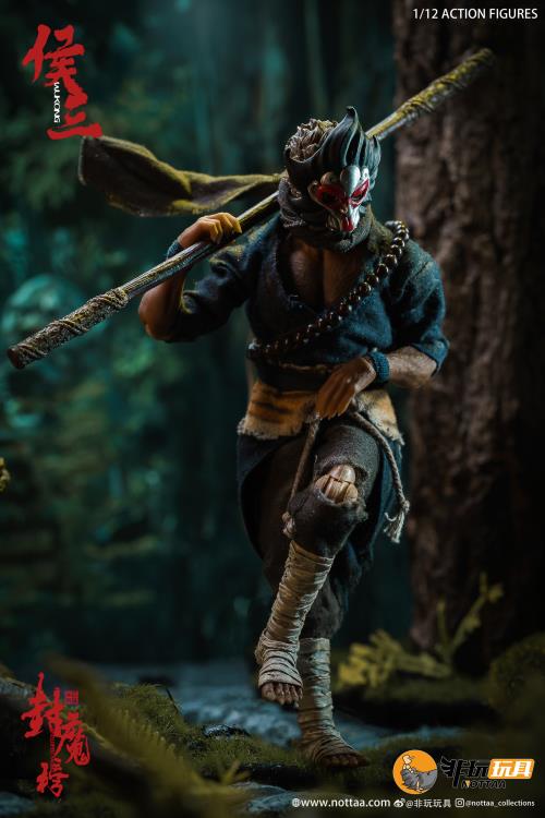 This 1/12 scale articulated figure of the martial artist monk Wukong measures around 6.5 inches tall and features real fabric clothing, alternate hands, monkey mask, beaded necklace, 2 bananas, and his monk staff. This deluxe version also comes with an alternate monkey head sculpt, golden palm effect, 2 ape forearms with fists, wind effects, and 2 extra staffs.