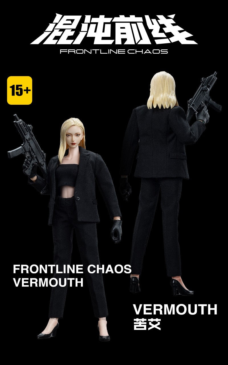 Joy Toy Frontline Chaos figure series continues in 1/12 Scale. Dressed in real cloth and stylish clothing, JoyToy Vermouth figure is ready to run into battle with her weapon combos.