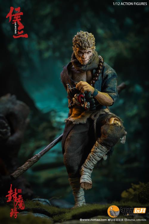 This 1/12 scale articulated figure of the martial artist monk Wukong measures around 6.5 inches tall and features real fabric clothing, alternate hands, monkey mask, beaded necklace, 2 bananas, and his monk staff. This deluxe version also comes with an alternate monkey head sculpt, golden palm effect, 2 ape forearms with fists, wind effects, and 2 extra staffs.