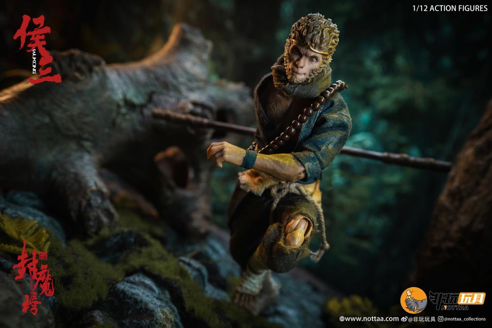 This 1/12 scale articulated figure of the martial artist monk Wukong measures around 6.5 inches tall and features real fabric clothing, alternate hands, monkey mask, beaded necklace, 2 bananas, and his monk staff. This deluxe version also comes with an alternate monkey head sculpt, golden palm effect, 2 ape forearms with fists, wind effects, and 2 extra staffs.
