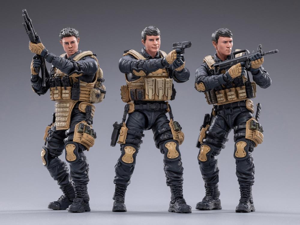 Joy Toy set of Police Sniper, Assault, and Automatic Rifleman figures is incredibly detailed in 1/18 scale. JoyToy, each figure is highly articulated and includes weapon accessories as well as several pieces of removable gear.