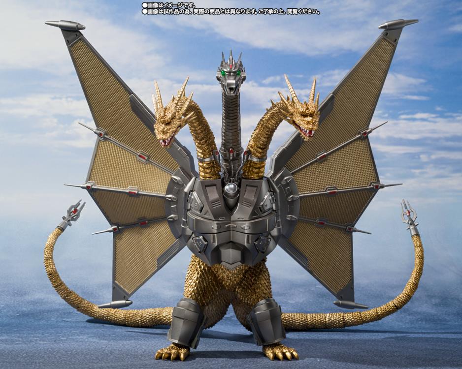 Mecha King Ghidorah die-cast action figure. S.H.MonsterArts/ Bandai Spirits/ Tamashii Nations. Giant Monster/ Dinosuars/ Kaiju/ Godzilla vs King Ghidorah series.
