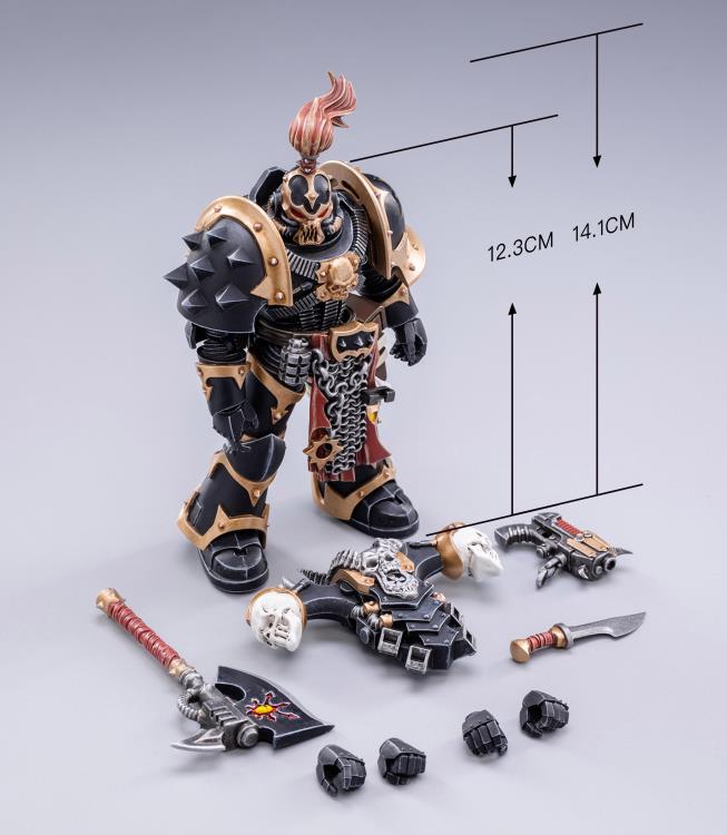 Joy Toy brings the Black Legion Chaos Space Marines to life with this 1/18 scale figure. The joyToy Black Legion is a Traitor Legion of Chaos Space Marines that is the first in infamy, if not in treachery, whose name resounds as a curse throughout the scattered and war-torn realms of Humanity. Recreate the most important battles with this highly detailed and articulated intimidating horned space marine figure.