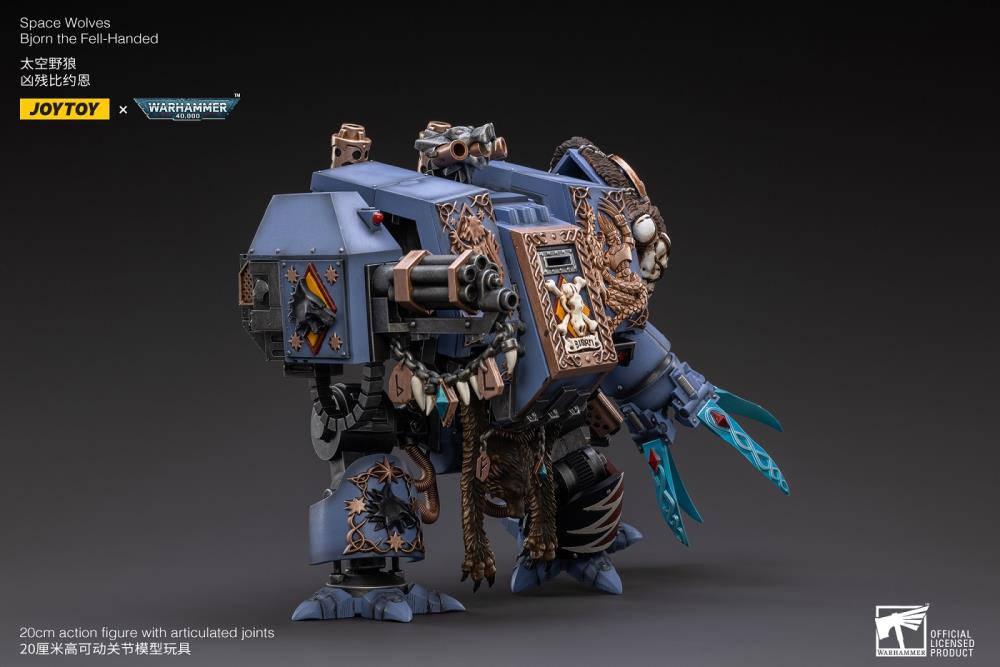Joy Toy Warhammer 40k Space Wolves Bjorn The Fell-Handed 1/18 Scale Figure JT2924. Interred in a custom-built Dreadnought, JoyToy Bjorn is a legendary figure amongst the Space Wolves, for he fought in the Horus Heresy amongst the retinue of Leman Russ himself.