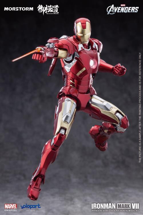 The Avengers, comes a new model kit of the Iron Man Mark VII suit! This Eastern Model Mostorm Marvel model kit features a deep variety of option to customize Iron Man with and in high detail as well.