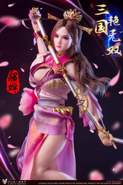 Based on the classic story Romance of the Three Kingdoms, this gorgeous 1/6 scale Flagset Diao Chan articulated figure features rooted hair, a fabric costume, and accessories.