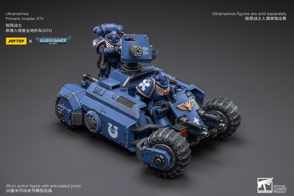 The most elite of the Space Marine Chapters in the Imperium of Man, Joy Toy brings the Ultramarines from Warhammer 40k to life with this new series of 1/18 scale figures and accessories.This 1/18 scale ATV features four big tread wheels and a large turret gun affixed to the back.