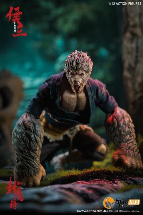 This 1/12 scale articulated figure of the martial artist monk Wukong measures around 6.5 inches tall and features real fabric clothing, alternate hands, monkey mask, beaded necklace, 2 bananas, and his monk staff. This deluxe version also comes with an alternate monkey head sculpt, golden palm effect, 2 ape forearms with fists, wind effects, and 2 extra staffs.