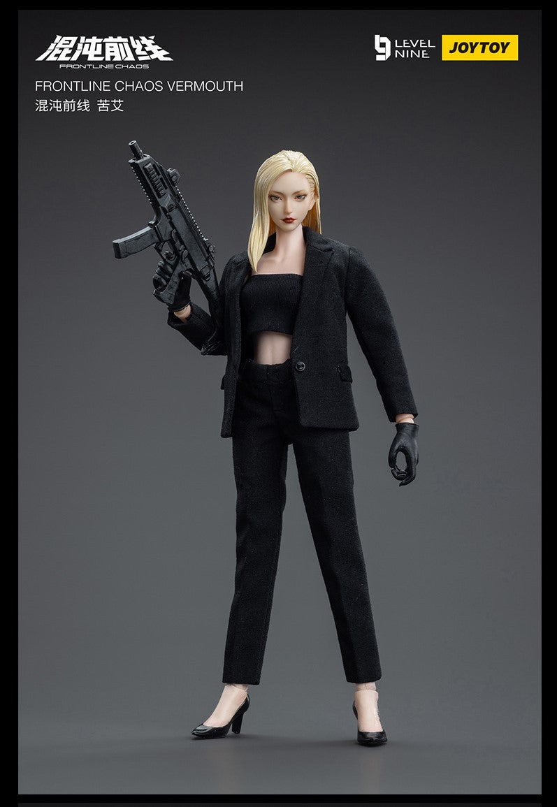 Joy Toy Frontline Chaos figure series continues in 1/12 Scale. Dressed in real cloth and stylish clothing, JoyToy Vermouth figure is ready to run into battle with her weapon combos.