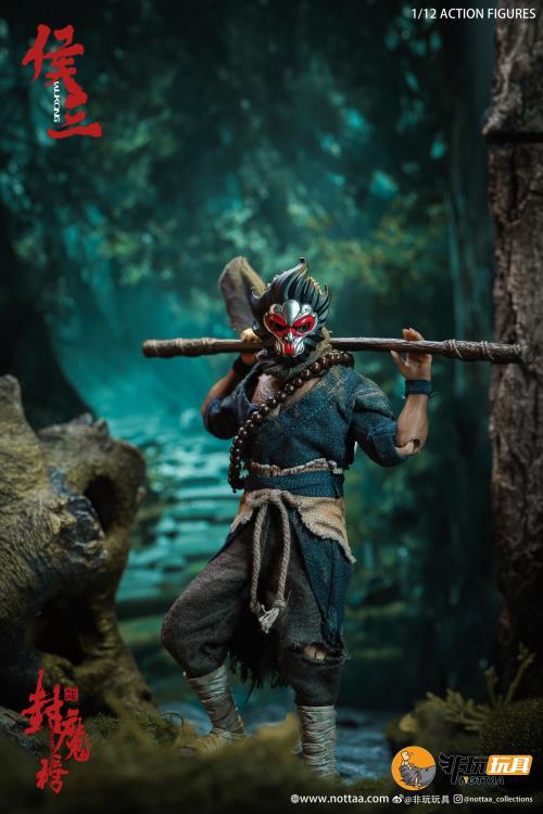 This 1/12 scale articulated figure of the martial artist monk Wukong measures around 6.5 inches tall and features real fabric clothing, alternate hands, monkey mask, beaded necklace, 2 bananas, and his monk staff. This deluxe version also comes with an alternate monkey head sculpt, golden palm effect, 2 ape forearms with fists, wind effects, and 2 extra staffs.