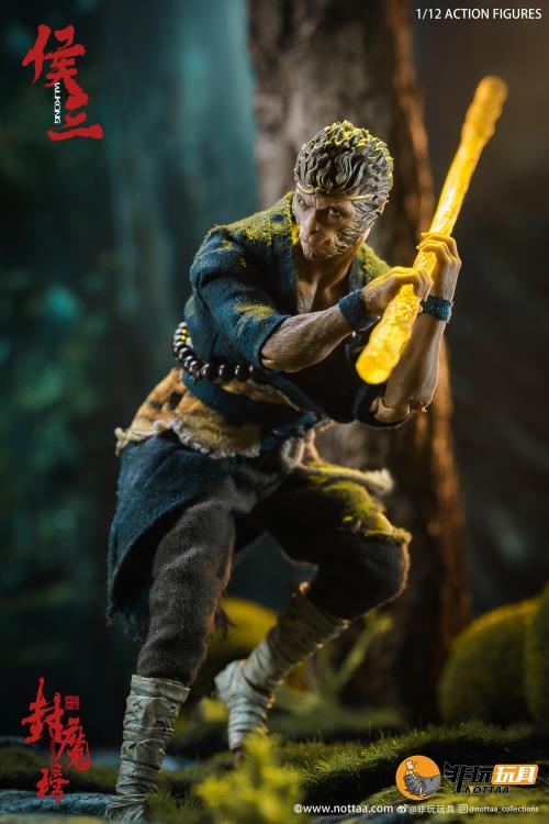 This 1/12 scale articulated figure of the martial artist monk Wukong measures around 6.5 inches tall and features real fabric clothing, alternate hands, monkey mask, beaded necklace, 2 bananas, and his monk staff. This deluxe version also comes with an alternate monkey head sculpt, golden palm effect, 2 ape forearms with fists, wind effects, and 2 extra staffs.
