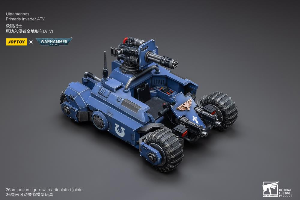 The most elite of the Space Marine Chapters in the Imperium of Man, Joy Toy brings the Ultramarines from Warhammer 40k to life with this new series of 1/18 scale figures and accessories.This 1/18 scale ATV features four big tread wheels and a large turret gun affixed to the back.