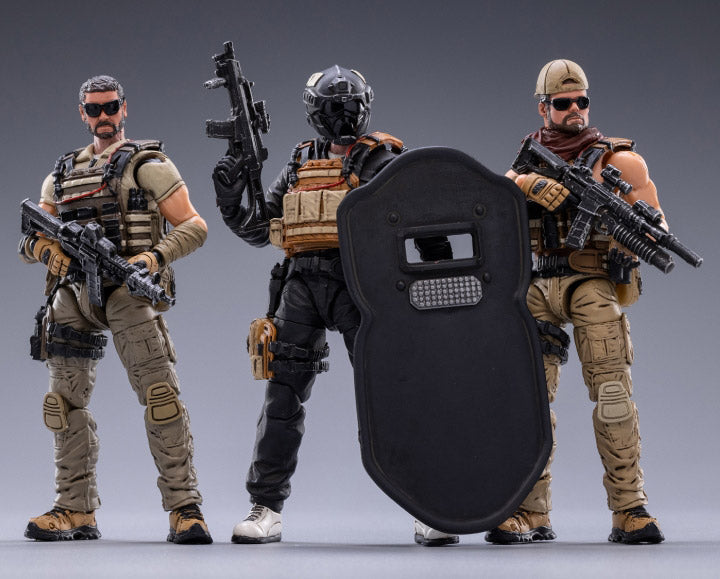 Joy Toy set of Mercenary Kahn, Mercenary Johnny, and Mercenary K figures is incredibly detailed in 1/18 scale. JoyToy, each figure is highly articulated and includes weapon accessories as well as several pieces of removable gear.