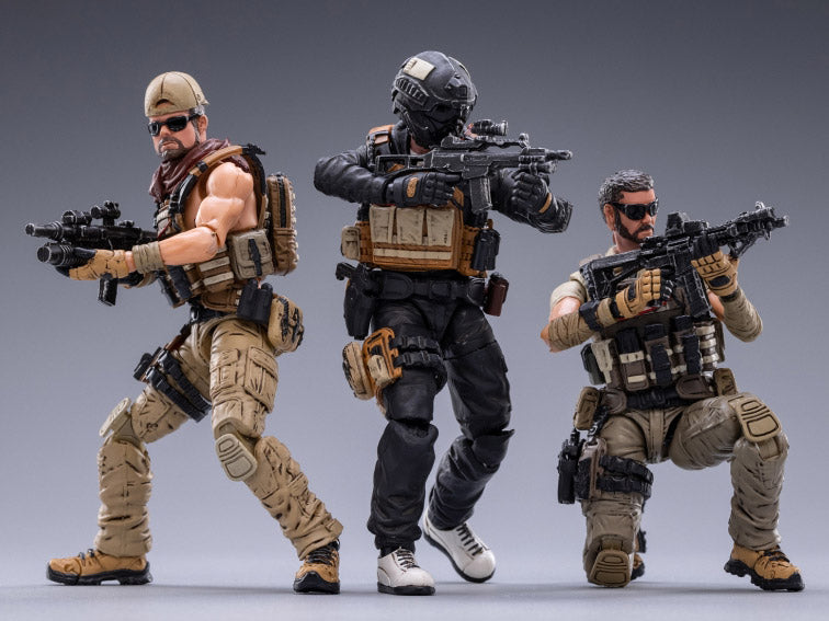 Joy Toy set of Mercenary Kahn, Mercenary Johnny, and Mercenary K figures is incredibly detailed in 1/18 scale. JoyToy, each figure is highly articulated and includes weapon accessories as well as several pieces of removable gear.