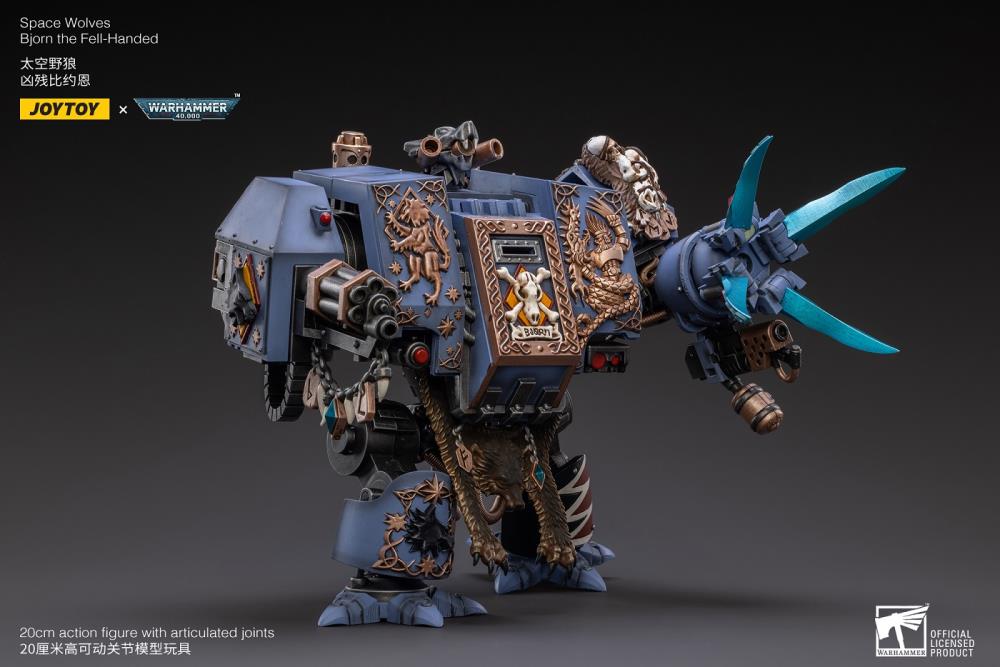 Joy Toy Warhammer 40k Space Wolves Bjorn The Fell-Handed 1/18 Scale Figure JT2924. Interred in a custom-built Dreadnought, JoyToy Bjorn is a legendary figure amongst the Space Wolves, for he fought in the Horus Heresy amongst the retinue of Leman Russ himself.