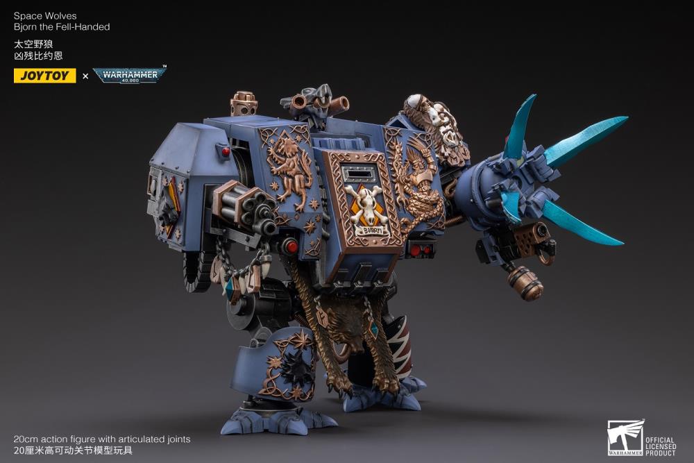 Joy Toy Warhammer 40k Space Wolves Bjorn The Fell-Handed 1/18 Scale Figure JT2924. Interred in a custom-built Dreadnought, JoyToy Bjorn is a legendary figure amongst the Space Wolves, for he fought in the Horus Heresy amongst the retinue of Leman Russ himself. 