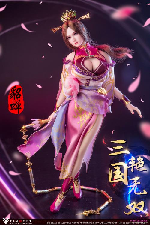 Based on the classic story Romance of the Three Kingdoms, this gorgeous 1/6 scale Flagset Diao Chan articulated figure features rooted hair, a fabric costume, and accessories.