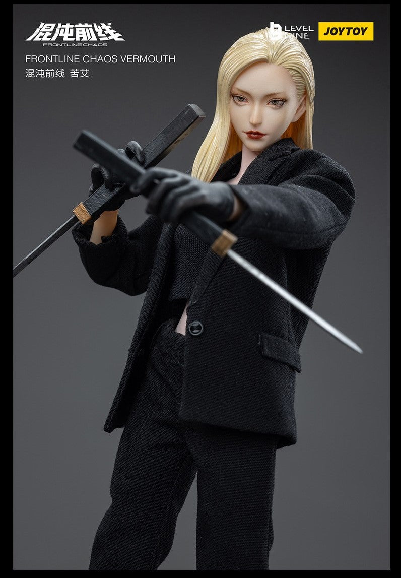 Joy Toy Frontline Chaos figure series continues in 1/12 Scale. Dressed in real cloth and stylish clothing, JoyToy Vermouth figure is ready to run into battle with her weapon combos.