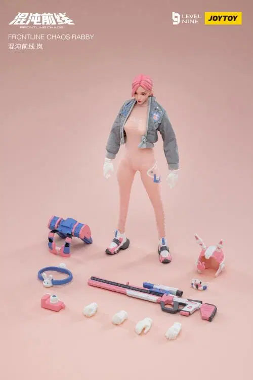 Joy Toy Frontline Chaos figure series continues in 1/12 Scale. Dressed in real cloth and stylish clothing, JoyToy Rabby figure is ready to run into battle with her trusty rabbit belt, backpack, and weapon combos.