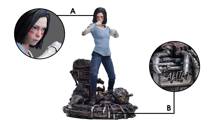 This Queen Studios’ 1/4 scale Alita statue: Battle Angel Stands at 47cm tall. A near perfect scaled down replica of the 1/1 Life-Size statue. Like the life-size statue, her porcelain “doll” body is intricately designed, capturing the unique patterns and clockwork. Her likeness has been recreated with stunning accuracy, and the unique movie inspired base is packed full of detail making this the ultimate collector piece.