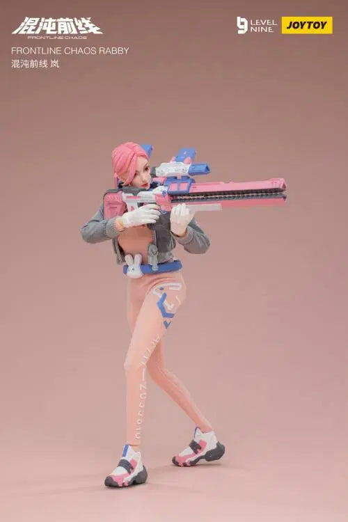 Joy Toy Frontline Chaos figure series continues in 1/12 Scale. Dressed in real cloth and stylish clothing, JoyToy Rabby figure is ready to run into battle with her trusty rabbit belt, backpack, and weapon combos.