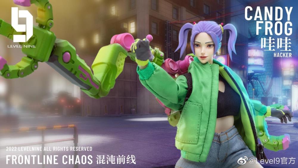 From Joy Toy, the Frontline Chaos figure series continues in 1/12 Scale. Dressed in real cloth and stylish clothing, the Candyfrog Hacker figure is ready to run into battle with her trusty headset, backpack and weapon combos.