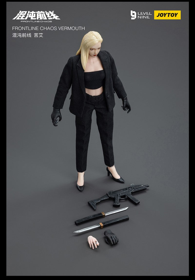 Joy Toy Frontline Chaos figure series continues in 1/12 Scale. Dressed in real cloth and stylish clothing, JoyToy Vermouth figure is ready to run into battle with her weapon combos.
