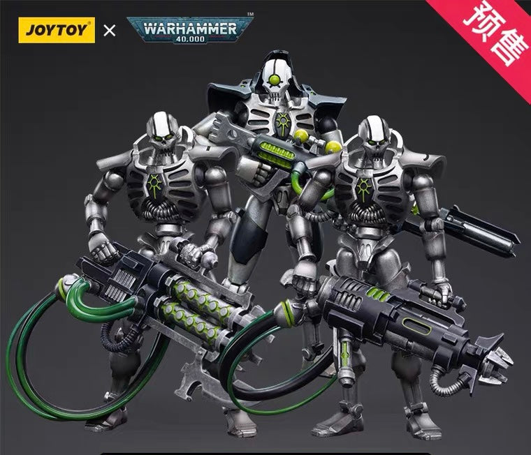 This is a Joy Toy 1/18 scale highly detailed, articulated figure based on Warhammer 40k's Immortal Necron from the Sautekh Dynasty. The Immortal JoyToy Necron figure stands just over 4 inches tall and comes with several interchangeable parts and accessories, opening the door to a plethora of different and unique display opportunities.
