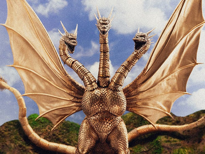 The Exquisite Basic King Ghidorah action figure stands 13" tall with an 18.5" wingspan, faithfully reproducing every detail of Ghidorah's appearance from the 1991 film. Crafted with meticulous attention to detail, the figure features multiple joints throughout its body, PVC wings with internal wires for an authentic look, and a wide range of articulation. It also includes three stands to recreate various combat scenes from the film.