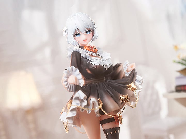 From AniMester comes a 1/7 scale figure of the Virtual Idol Sister (Vocal Ver.). The "Vocal Version" comes with a special base with a voice player built in. Seven different voice clips (recorded in Chinese) are recorded to the base.  With playful short hair, dreamy blue eyes, a sweet lolita skirt and a sexy, curvy physique, this virtual idol is sure to charm! The black silk and garter visible beneath her slightly lifted skirt create an even more eye-catching look! 