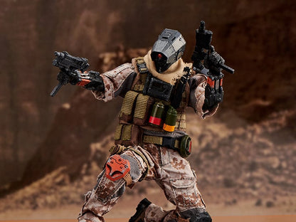 From Devil Toys comes a new line of War of Order figures, this time in 1/12 scale.  This Secret Trooper action figure is decked out in a brown camo outfit with tactical armor, including knee armor, a bulletproof vest, and a scarf. The figure comes with a tactical belt, smoke grenades, a knife, a pair of machine pistols, and an assault rifle.  Secret Master figure shown not included (sold separately)