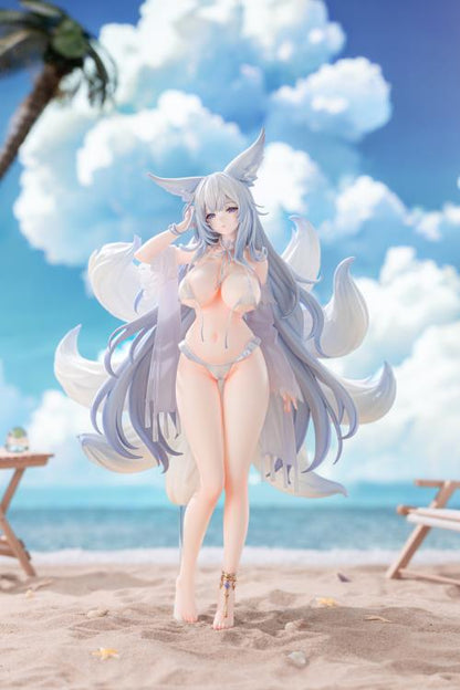 From the Azur Lane video game comes the Shinano (Dreamy White Sands Ver.) 1/6 scale figure by AmiAmi and AniGame! This impressive figure is just under 12 inches tall and displays Shinano in a white bikini that has become undone. Shinano's white fox tails spread out behind as her grey hair drapes down by her knees. Don't miss out on adding this figure to your collection!