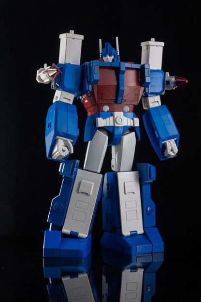 The XTransbots Commander Stack figure stands over 10 inches tall in robot mode and measures over 15 inches in semi-truck mode. The figure is made of plastic and die-cast and includes features real rubber tires, a gun, interchangeable face parts, and a figurine. Commander Stack also features LED eyes, a speaking function, and the chest chamber can hold a Matrix, which is included.