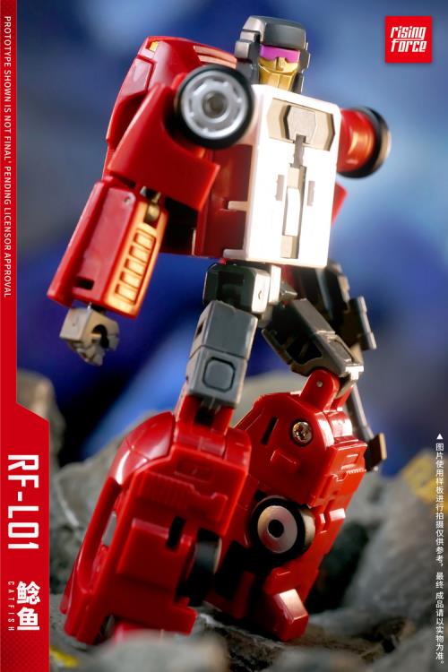 The RF-L01 Catfish transforms from a robot into a race car. It also comes armed with a blaster. Seen in its new red colorway, this version is sure to stand out in your collection!