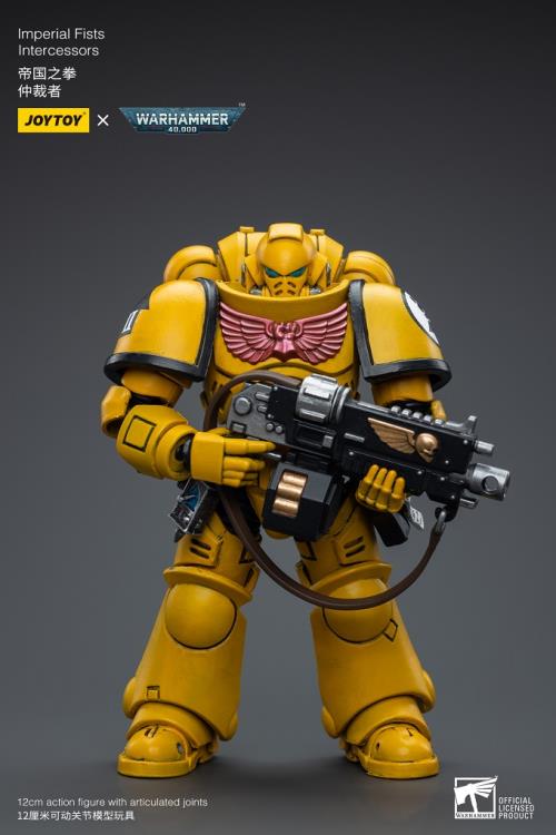 Joy Toy brings the Imperial Fists to life with this Warhammer 40K 1/18 scale figure! The Imperial Fists are one of the First Founding Chapters of the Space Marines and were originally the VIIth Legion of the Legiones Astartes raised by the Emperor Himself from across Terra during the Unification Wars.   A versatile heavy infantry unit, the Intercessors form the backbone of every chapter of the Space Marines. Each figure includes interchangeable hands and weapon accessories and stands between 4" and 6" tall.