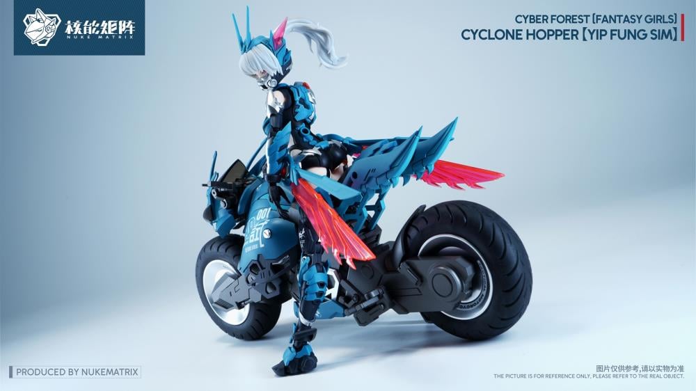 Nuke Matrix proudly presents the next model kit in the Cyber Forest Fantasy Girls series, Cyclone Hopper Yip Fung Sim!

Between the Cyber ​​Forest and the Frosty Wasteland lies another vast jungle, a tranquil sea of ​​trees. Here, the armored locust race, born with an innate affinity for the wind element, thrives, guided by the wind. In ancient times, a genius within the race created a highly mobile suit called the "Storm Chaser."
