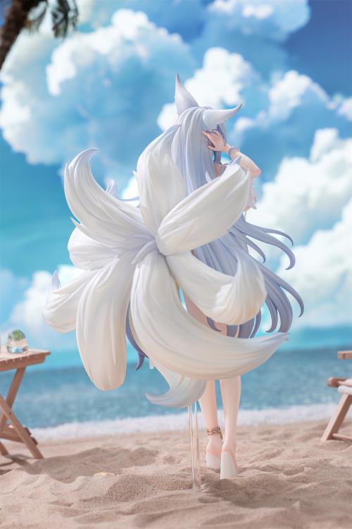 From the Azur Lane video game comes the Shinano (Dreamy White Sands Ver.) 1/6 scale figure by AmiAmi and AniGame! This impressive figure is just under 12 inches tall and displays Shinano in a white bikini that has become undone. Shinano's white fox tails spread out behind as her grey hair drapes down by her knees. Don't miss out on adding this figure to your collection!