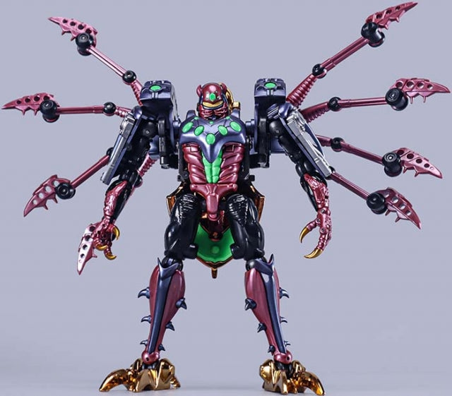 TransArt introduces their new release, BWM-11 Metal Tarantula!  Standing at 6.5 inches in robot mode, BWM-11 is Masterpiece Scale and features 4 different modes: Robot, Beast, Motorcycle and Vehicle. BWM-11 also includes 3 mini spider figures. Comes in a metallic finish with die-cast parts.