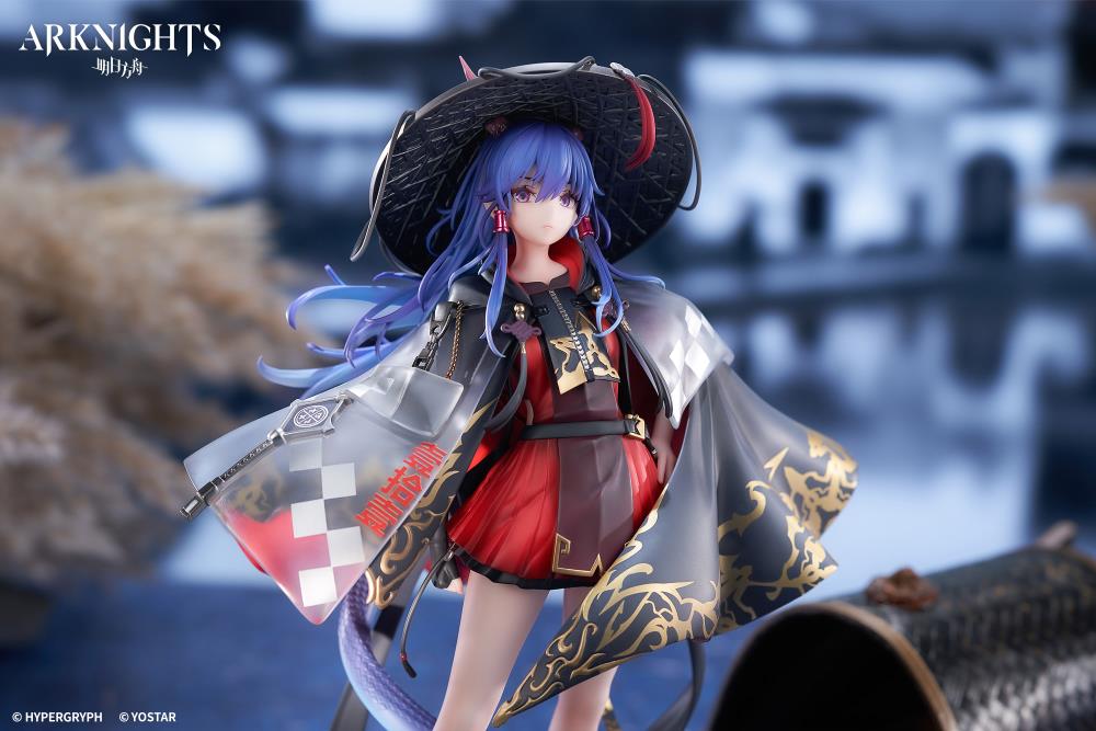 From the popular smartphone game "Arknights" Ch'en has been turned into 1/7 Scale figure wearing her special outfit "Ten Thousand Mountains"! Her flowing blue hair has been finely sculpted, and her distinctive outfit has been faithfully recreated from the illustration using clear parts. In addition, the paint of the patterns and decorations has been carefully crafted to give it a metallic feel, resulting in a gorgeous finish.