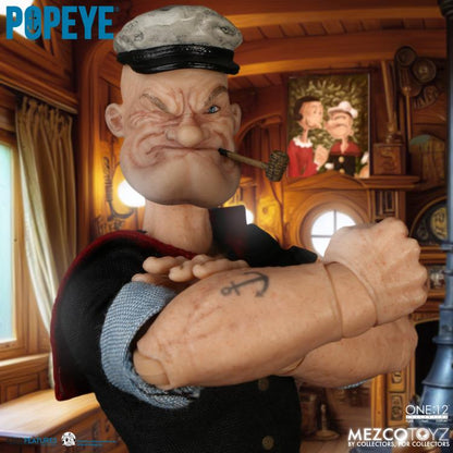 The One:12 Collective Popeye figure includes two masterfully crafted head portraits: a stern stare and a salty glare. Authentically presented in his classic sailor clothing and a removable pea coat, Popeye comes complete with a wide range of accessories including: a functional drawstring duffle bag, a collapsible spy glass, a compass with hinged lid, two spinach cans, three different hats, and two styles of corncob pipes.