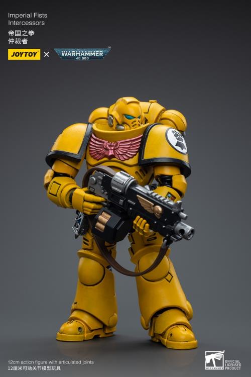 Joy Toy brings the Imperial Fists to life with this Warhammer 40K 1/18 scale figure! The Imperial Fists are one of the First Founding Chapters of the Space Marines and were originally the VIIth Legion of the Legiones Astartes raised by the Emperor Himself from across Terra during the Unification Wars.   A versatile heavy infantry unit, the Intercessors form the backbone of every chapter of the Space Marines. Each figure includes interchangeable hands and weapon accessories and stands between 4" and 6" tall.