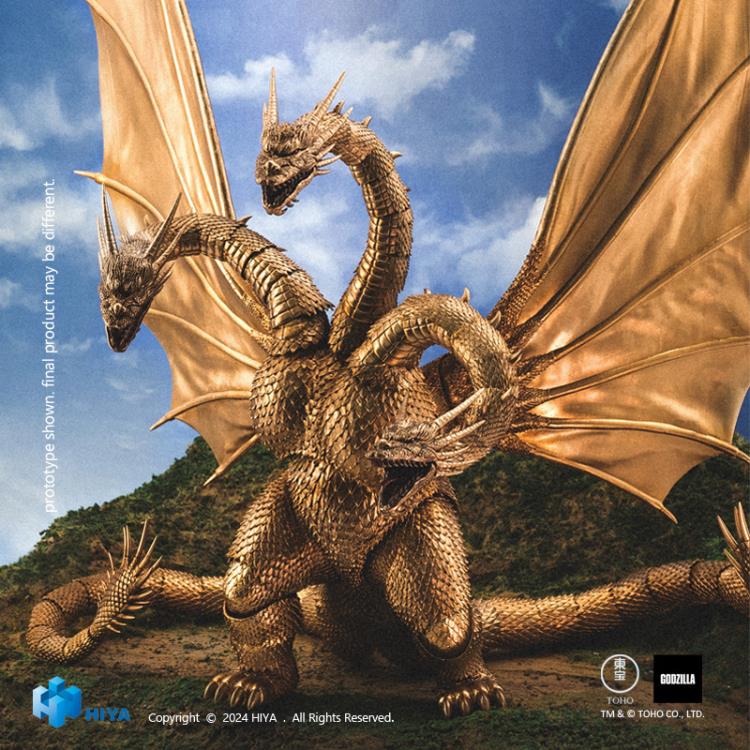 The Exquisite Basic King Ghidorah action figure stands 13" tall with an 18.5" wingspan, faithfully reproducing every detail of Ghidorah's appearance from the 1991 film. Crafted with meticulous attention to detail, the figure features multiple joints throughout its body, PVC wings with internal wires for an authentic look, and a wide range of articulation. It also includes three stands to recreate various combat scenes from the film.