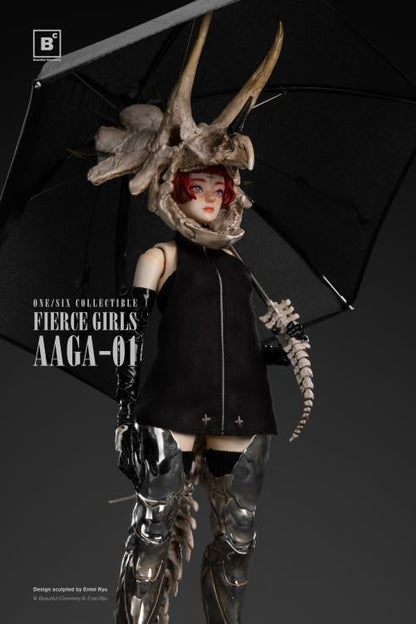 Beautiful Chemistry and artist Entei Ryu have teamed up to create the Fierce Girls Series Bone Girl (Triceratops) 1/6 scale figure.  The figure features a woman wearing a black mini-dress, black elbow-length gloves, as well as a triceratops skull and a long bone tail. She is also wearing thigh-length silver armored boots and comes with a bone-handled umbrella, metal chain and dinosaur charms. 